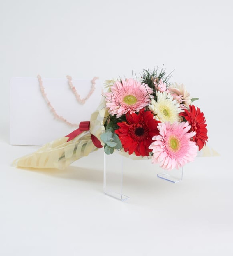 Zarif Krem Bukette Rengarenk Gerbera Çiçekleri