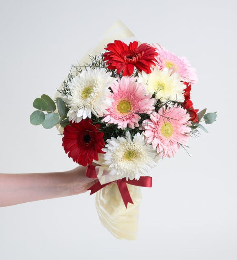 Özel Krem Bukette Rengarenk Gerbera Çiçekleri